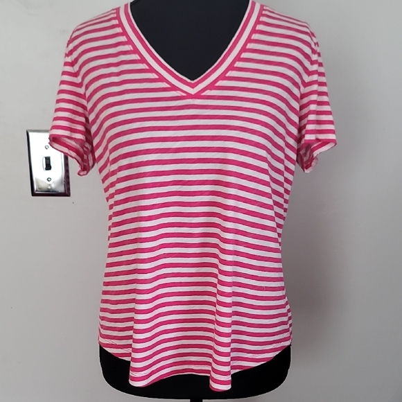 LOFT Fitted White and Pink Short Sleeve Tee - Picture 1 of 7